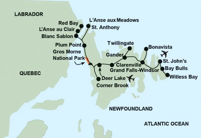 tour route map for Newfoundland and the Viking Trail