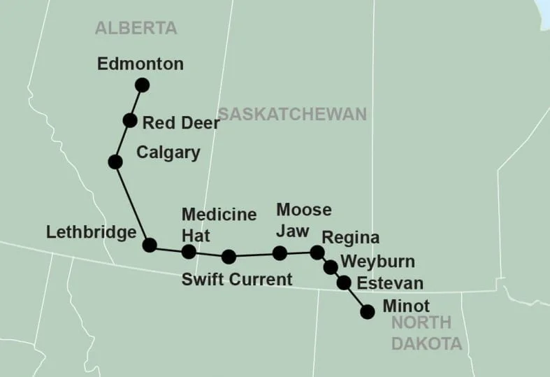 tour route map for Minot Hostfest Alberta departure